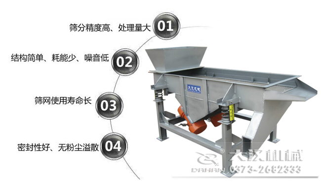 1016型直線振動篩特點(diǎn)：1，篩分精度高，處理量大。2，結(jié)構(gòu)簡單，耗能少，噪音低，3，篩網(wǎng)使用壽命長，密封性好無粉塵溢散。