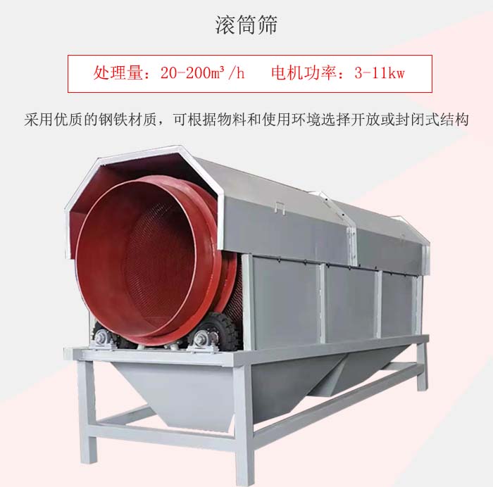 滾筒篩采用優(yōu)質(zhì)的鋼鐵材質(zhì)，可根據(jù)物料和使用環(huán)境選擇開放或封閉式結(jié)構(gòu)