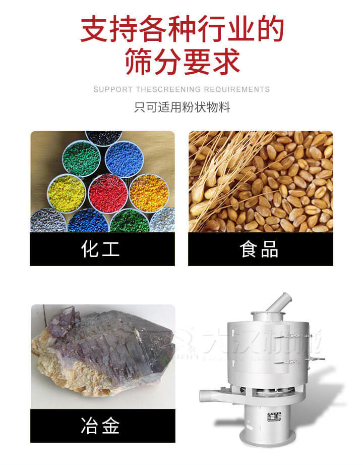 氣流篩用于礦粉，石墨粉，活性納米碳酸鈣，鋁灰，大豆粉，碳酸重鈣，石墨粉，木粉，干草，重金石粉，藥粉末，橡膠顆粒，草酸鹽，干料粉，木粉，聚酯粉，干粉，塑料，金屬粉末，橡膠粉，粉煤灰，石墨粉，陶瓷粉，鋅粉，石英粉，石灰粉，鐵粉，金屬硅粉等。