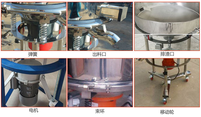 高頻振動篩結構：電機，彈簧，出料口，排渣口，快拆束環(huán)等。