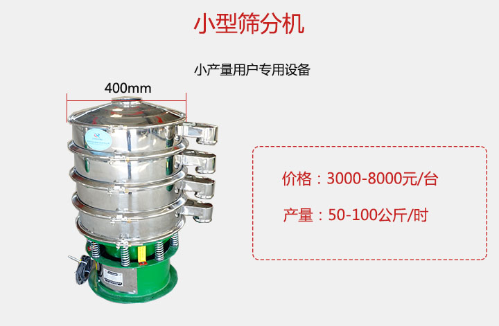 小型篩分機(jī)產(chǎn)量可達(dá)100公斤/時(shí)，價(jià)格3000元起。
