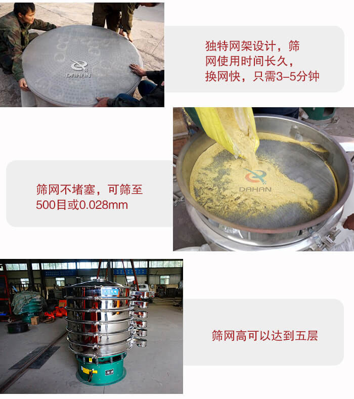 三次元振動(dòng)篩的特點(diǎn)：篩網(wǎng)使用時(shí)間長(zhǎng)換讓時(shí)間短，篩網(wǎng)不堵塞，可篩至500目或0.028mm。