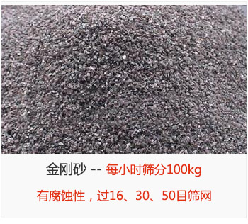 篩分金剛砂每小時100kg，有腐蝕性，過16、30、50目篩網(wǎng)