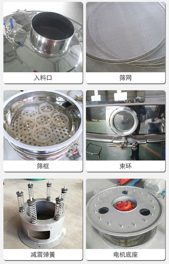 醫(yī)藥振動(dòng)篩有電機(jī)底座，減震彈簧，束環(huán)，篩框，入料口，篩網(wǎng)等部件展示。