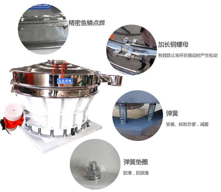 1500直排篩細(xì)節(jié)展示：彈簧，彈簧墊圈，加長銅螺母。