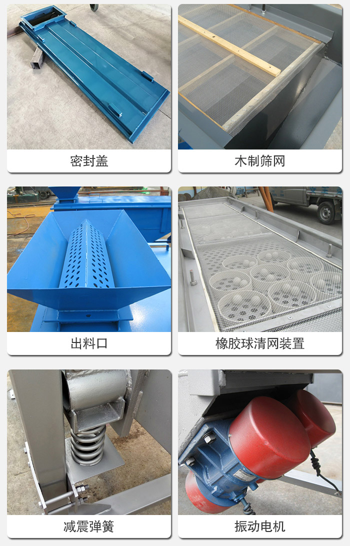 直線篩分機(jī)的結(jié)構(gòu)展示圖：篩箱是物料主要篩分設(shè)備之一，篩網(wǎng)用于篩分物料，振動(dòng)電機(jī)幫助篩網(wǎng)篩分。