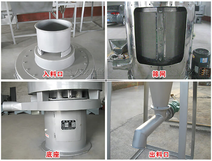 氣流篩部件展示：入料口，篩網(wǎng)，底座，出料口等。