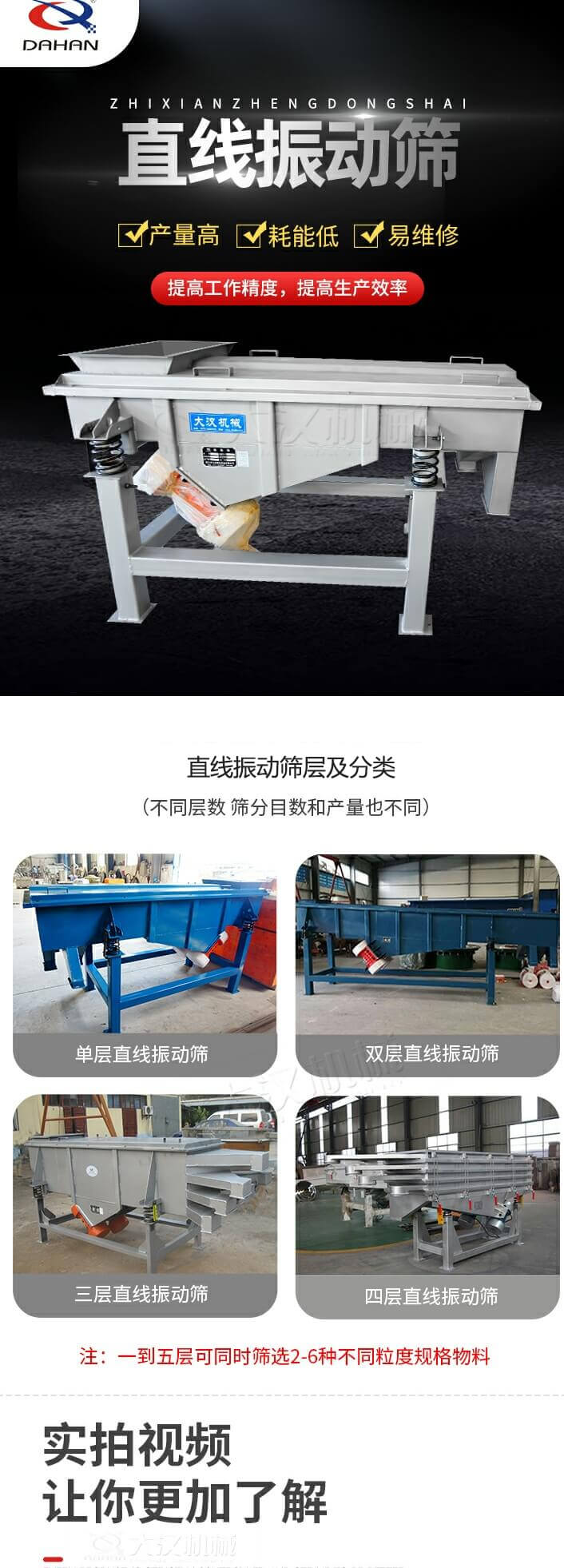 直線振動(dòng)篩概述，產(chǎn)量高，耗能低，易維修，提高工作精度，提高生產(chǎn)效率，直線振動(dòng)篩層級(jí)分類：不同層數(shù)，篩分目數(shù)和產(chǎn)量也不同：單層，雙層，三層，四層等。