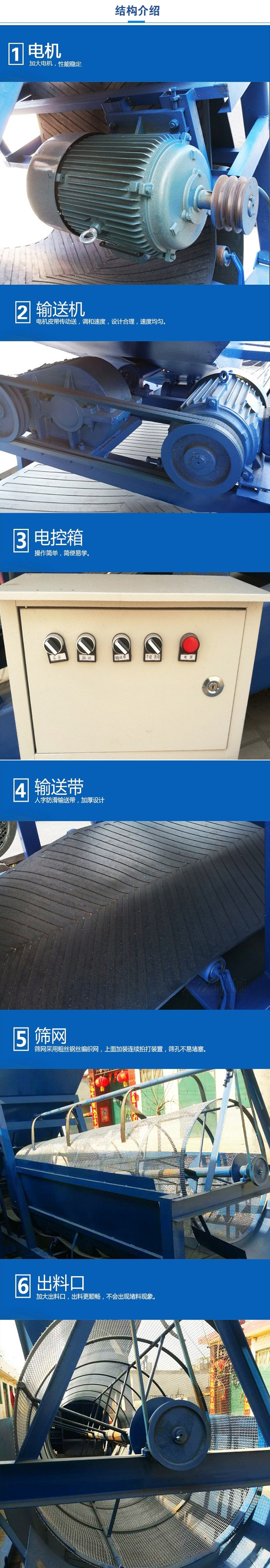 移動篩沙機結(jié)構(gòu):電機，加大電機，性能相對比較穩(wěn)定。輸送機：電機皮帶傳動送，調(diào)和速度，設(shè)計合理，速度均勻。電控箱：操作簡單，簡便易學。輸送帶：人字防滑輸送帶，加厚設(shè)計。篩網(wǎng)，采用粗絲鋼絲編織而成的篩網(wǎng)，上面加裝連續(xù)拍打裝置，篩孔不易堵塞。出料口：加大出料口，出料更順暢，不會出現(xiàn)堵料現(xiàn)象。