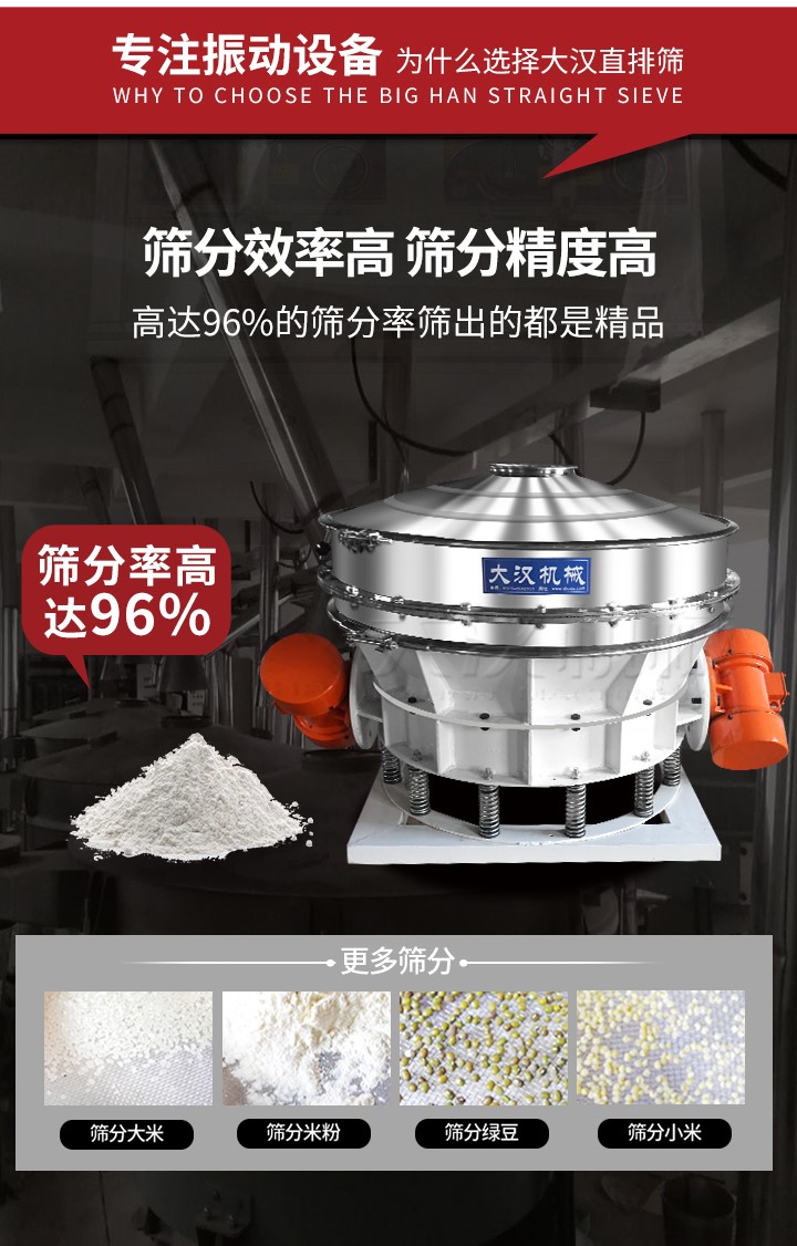 直排篩適用物料有面粉，淀粉，洗衣粉，金屬粉，添加劑，化工，非礦等行業(yè)。
