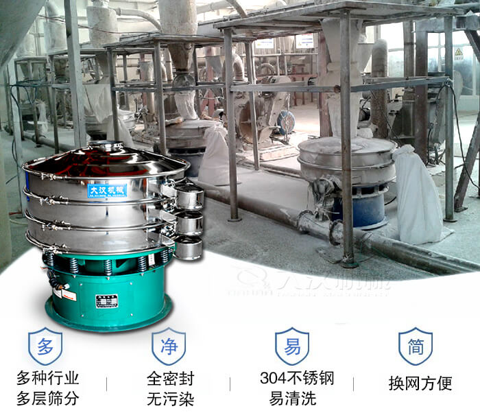 多種行業(yè)多層篩分采用全密封結(jié)構(gòu)，無污染。304不銹鋼材質(zhì)易清洗。同時(shí)換網(wǎng)方便。
