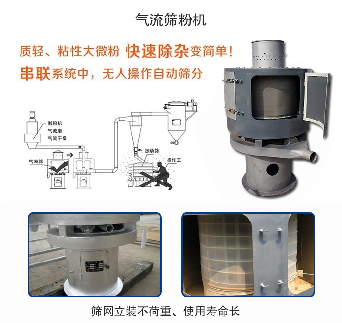 氣流篩粉機(jī)適用：質(zhì)輕，粘性大微粉采用串聯(lián)系統(tǒng)重，無(wú)人操作自動(dòng)篩分 特點(diǎn)：篩網(wǎng)立裝不負(fù)重，使用壽命長(zhǎng)。