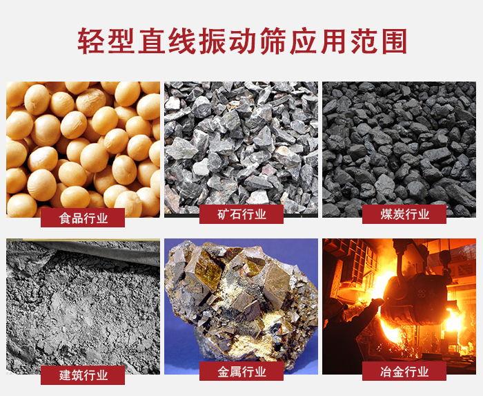 輕型直線振動篩應(yīng)用范圍較廣多使用與顆粒狀，粉狀以及其它重型行業(yè)的輸送。