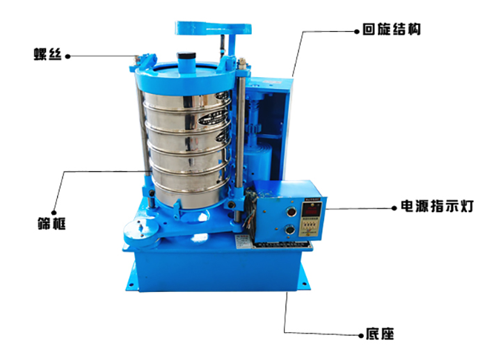 拍擊式標準振篩機的作用原理：主要振動部件；回旋結(jié)構(gòu)，篩框底座，電源指示燈。