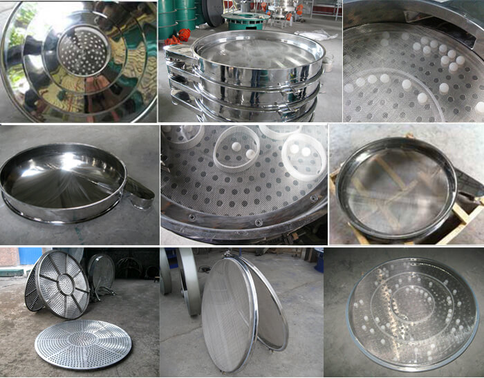 食品振動(dòng)篩細(xì)節(jié)展示：防塵蓋，篩框，網(wǎng)架，底框等。